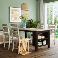 Farmhouse Wood 5-Piece Dining Table Set with 2-Tier Storage Shelves,Kitchen Set for 4 with Padded Dining Chairs - Beige