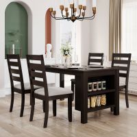 Farmhouse Wood 5-Piece Dining Table Set with 2-Tier Storage Shelves,Kitchen Set for 4 with Padded Dining Chairs - Espresso